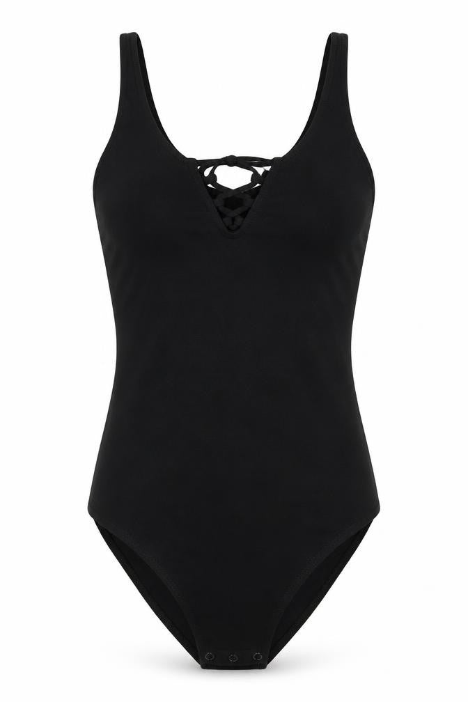 Front view of H&M women’s black playsuit one-piece, size XS
