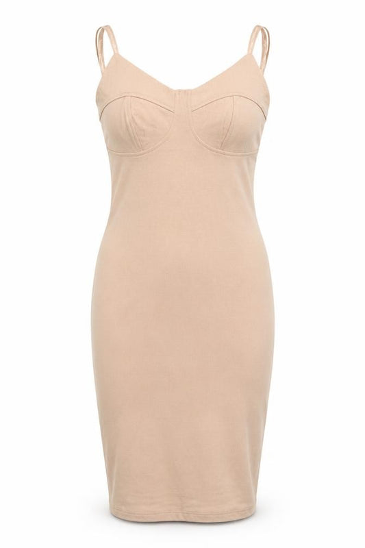 Front view of ASOS women’s beige pencil dress, size UK 6