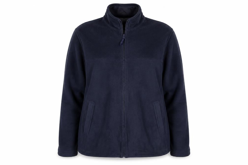 Front view of Drystone women’s blue full zip jumper, size UK 14