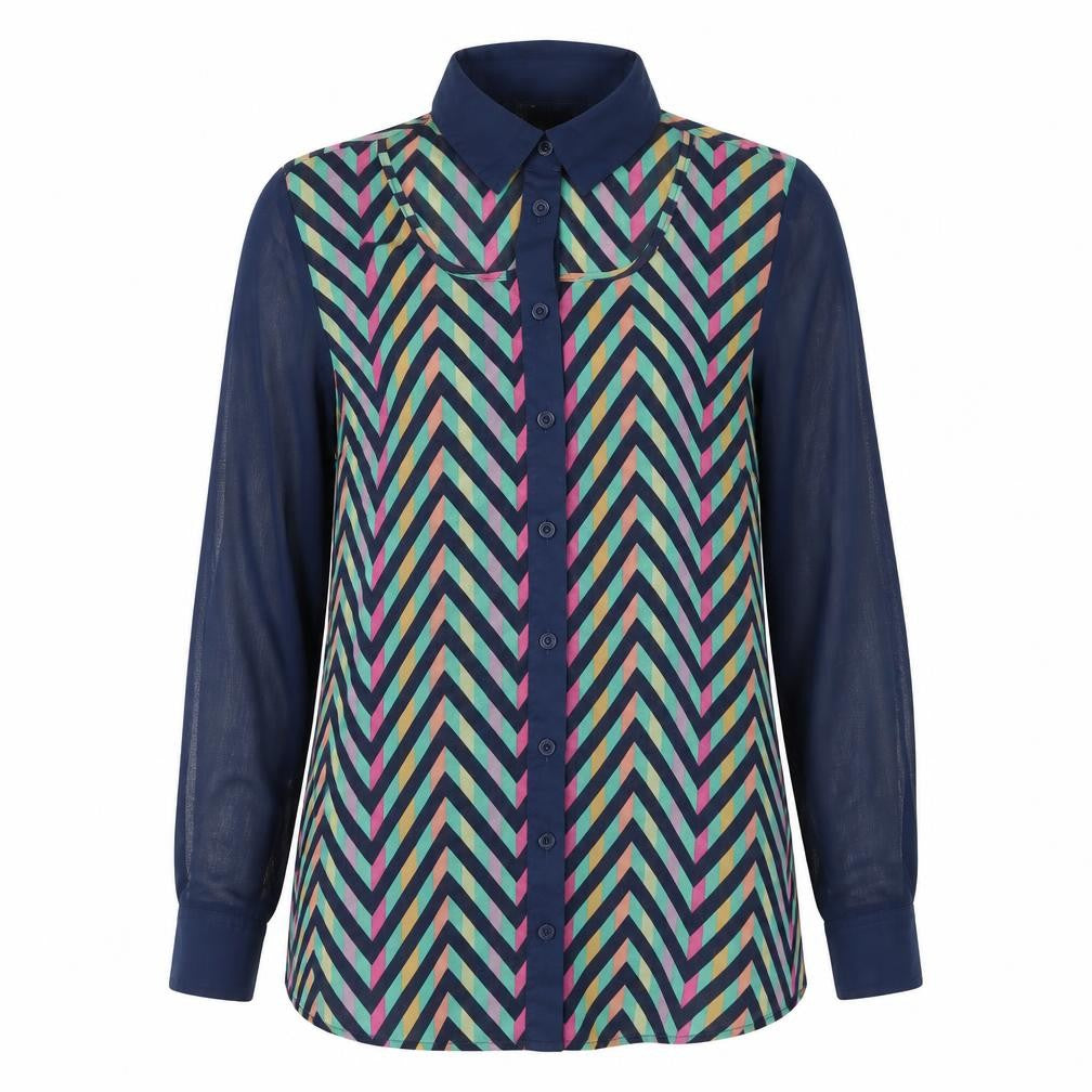 Front view of Love Label women’s blue striped basic blouse, size UK 8