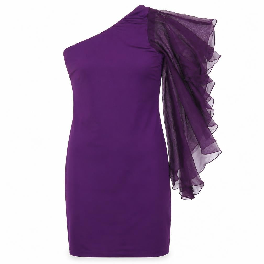 Front view of Vicky Martin women’s purple pencil dress, size UK 8