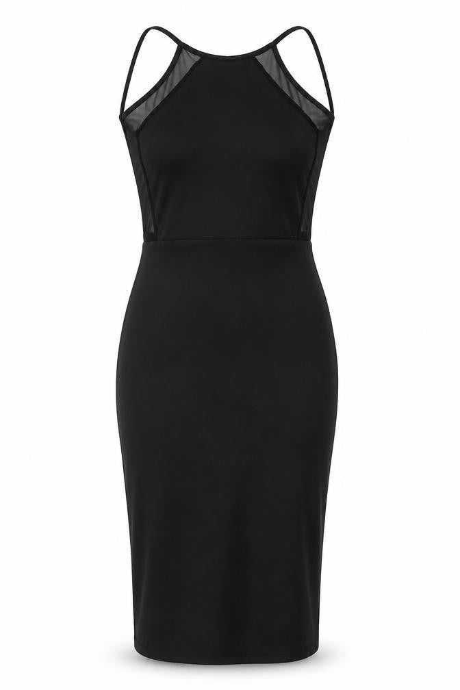 Front view of women’s black pencil dress, size M