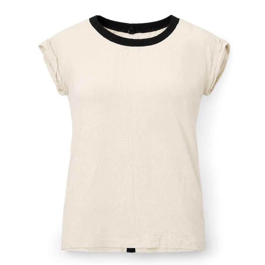 Front view of Reporter women’s beige basic t-shirt, size XS