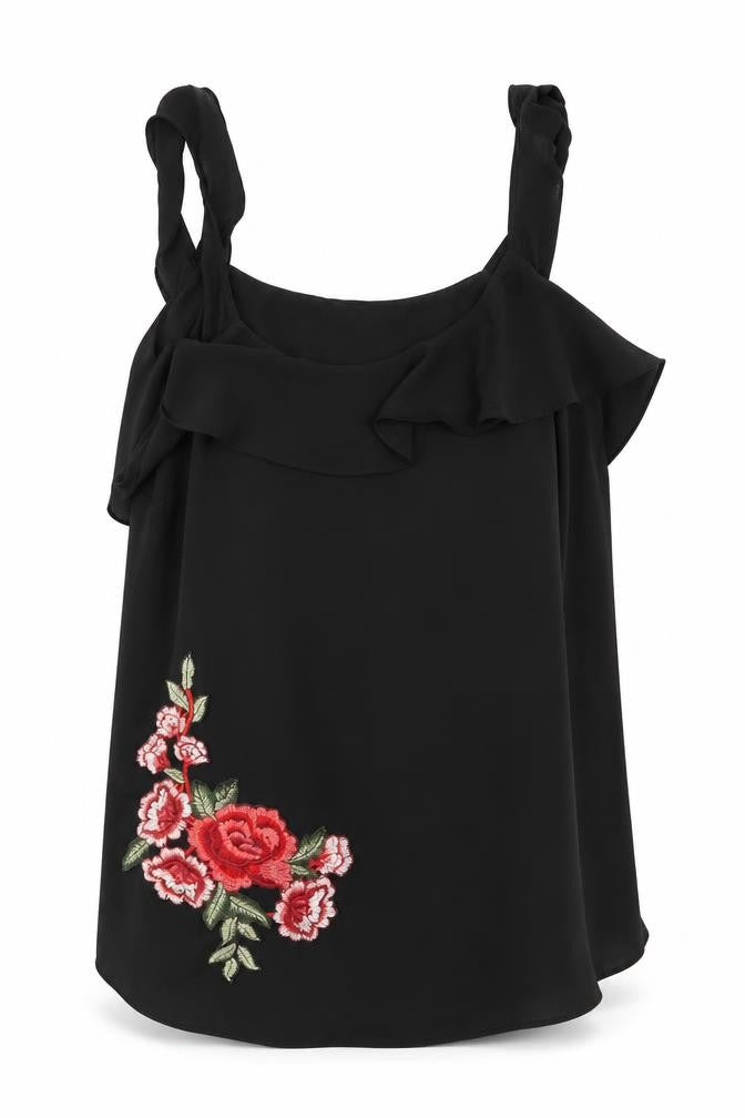Front view of Atmosphere women’s black basic blouse, size UK 10, - floral