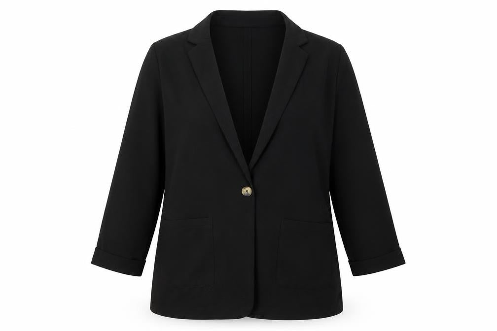 Front view of New Look women’s black rayon jacket, size UK 12