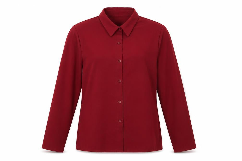 Front view of Boohoo women’s red basic button-up, size M