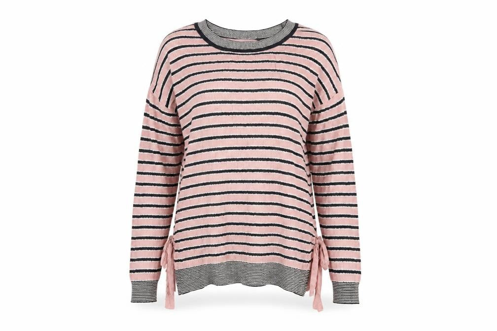Front view of Next women’s pink striped jumper, size UK 10