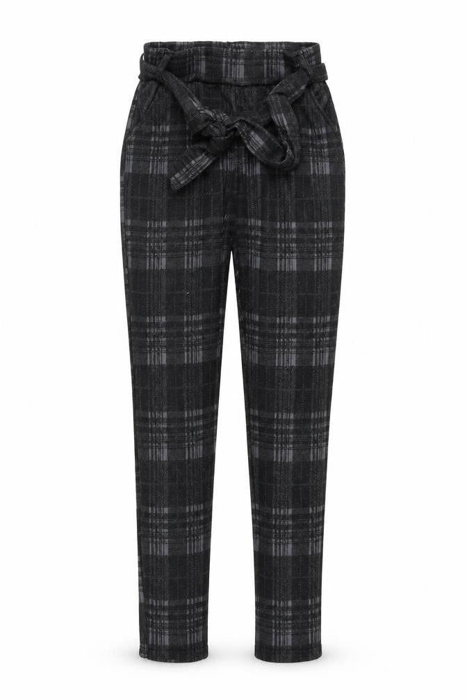 Front view of Preworn women’s black check trousers, size S, 27-inch leg