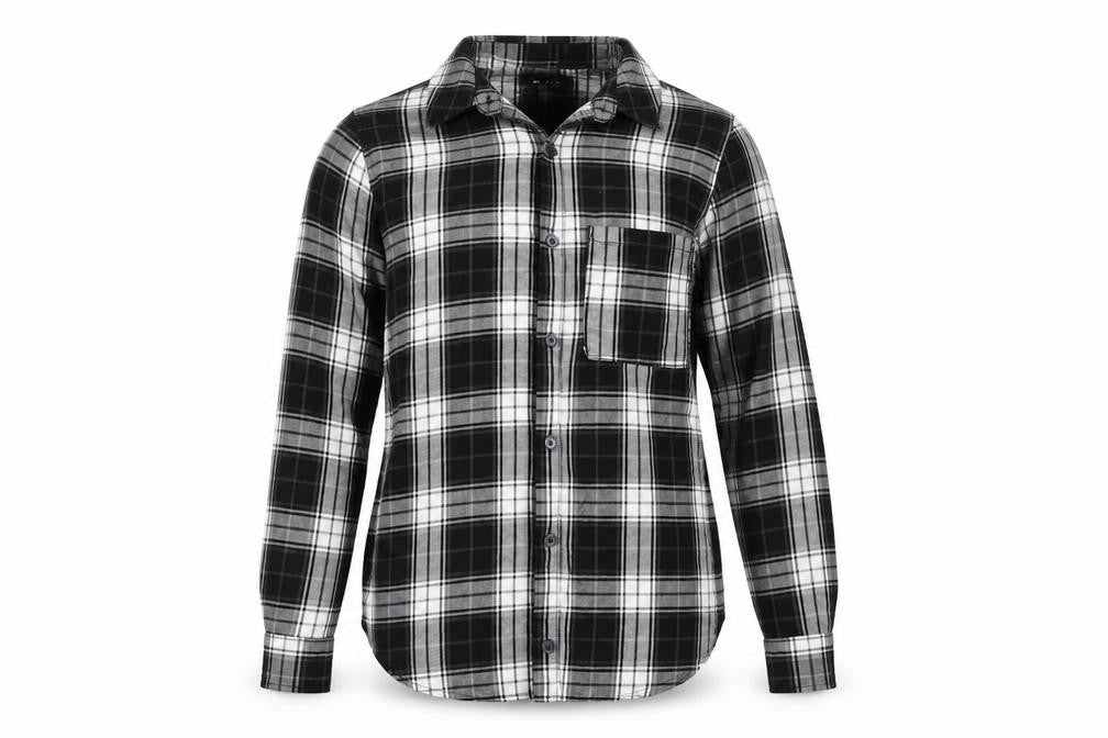 Front view of LOTD women’s black check basic button-up, size UK 8