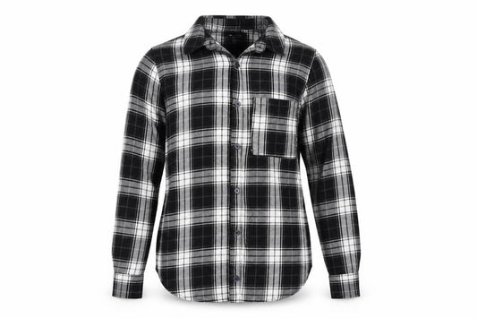 Front view of LOTD women’s black check basic button-up, size UK 8