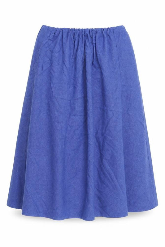 Front view of Preworn women’s blue pleated skirt, size UK 36, in