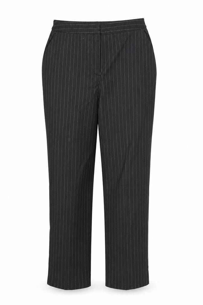 Front view of Wardrobe women’s black striped trousers, size UK 14, 31-inch leg