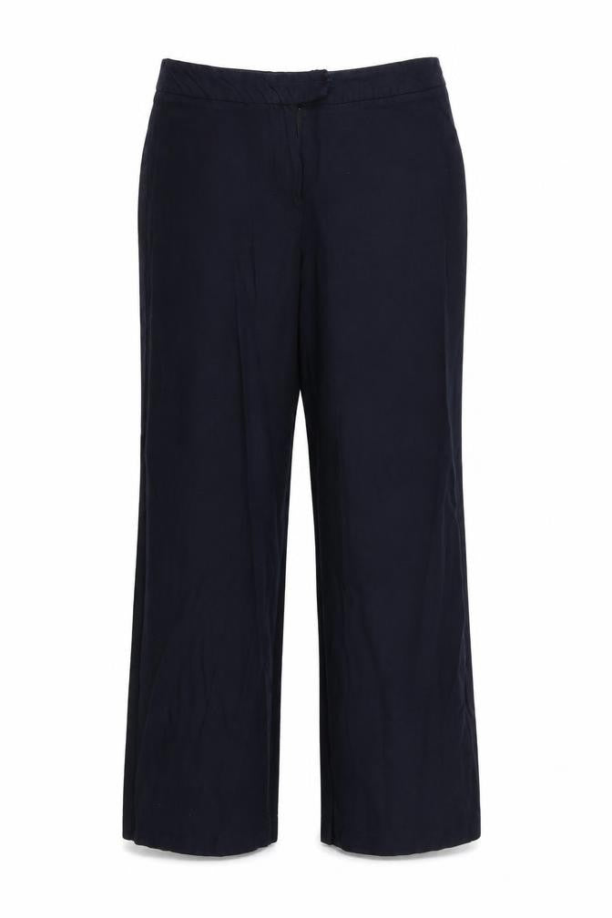 Front view of Lakeland women’s blue trousers, size UK 14, 28-inch leg