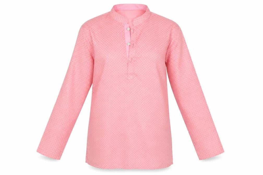 Front view of Avera women’s pink polka dot basic button-up one size