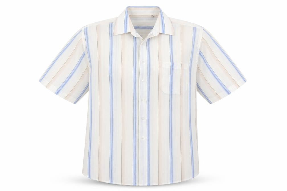 Front view of THBYTGL men’s white striped button-up, size 17.5