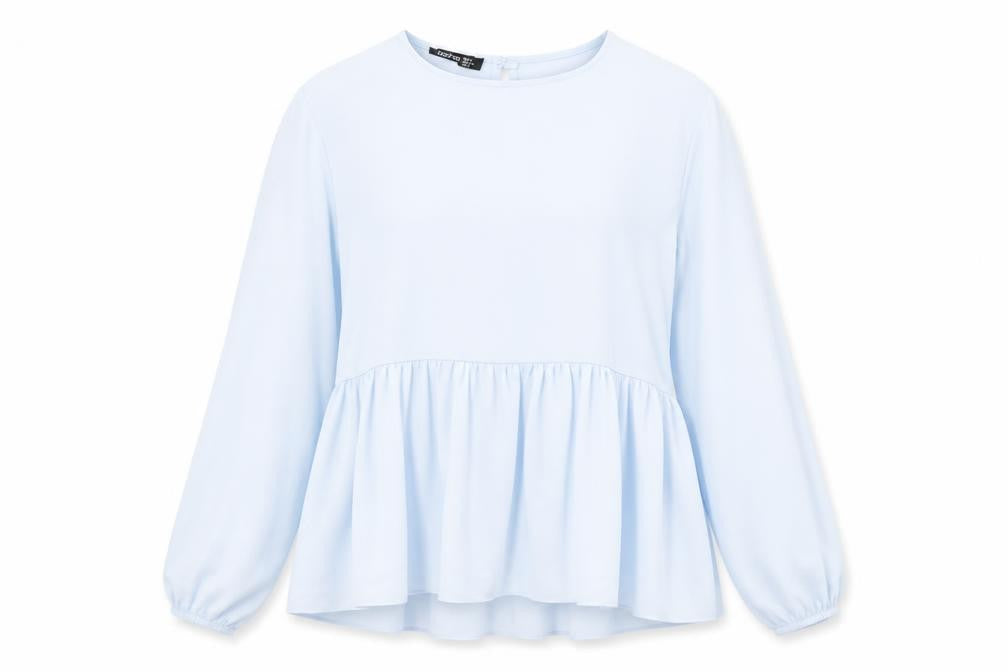 Front view of Boohoo women’s blue basic blouse, size UK 6