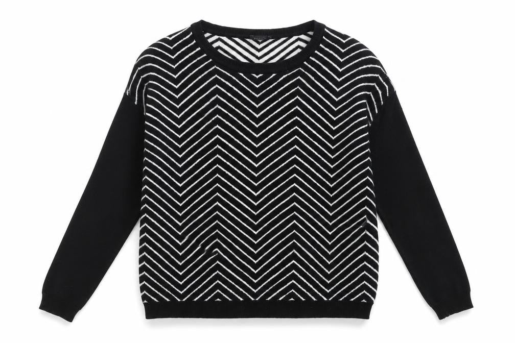 Front view of Promod women’s black striped knit jumper, size XS, - oversized