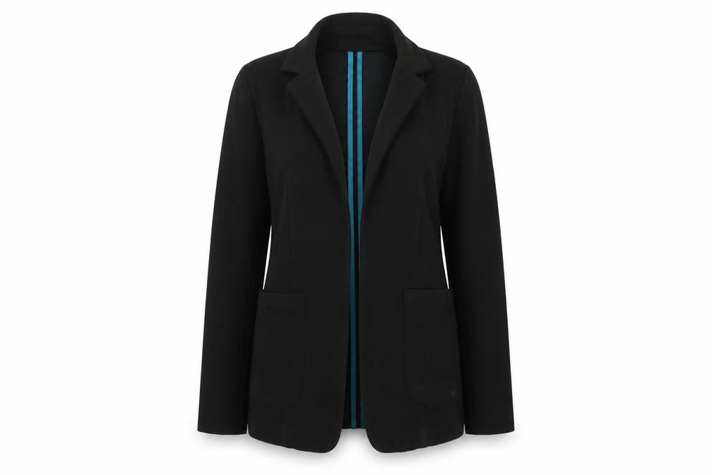 Front view of r essential women’s black jacket blazer, size UK 6