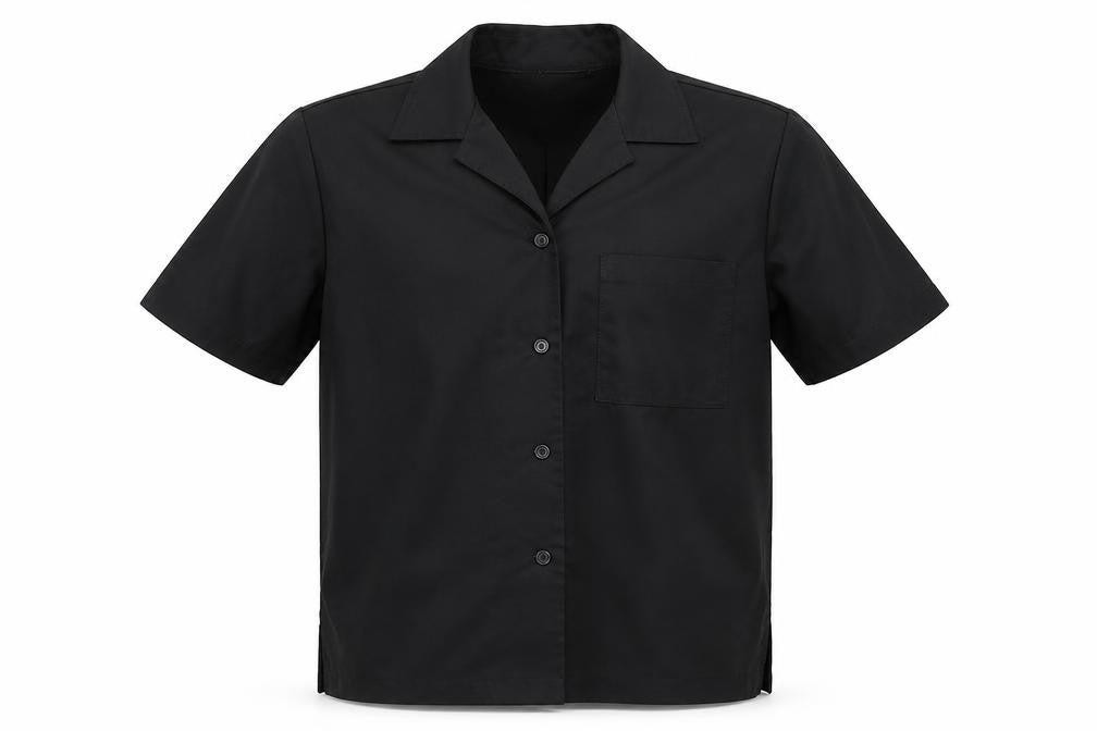 Front view of Florence Roby men’s black button-up, size L