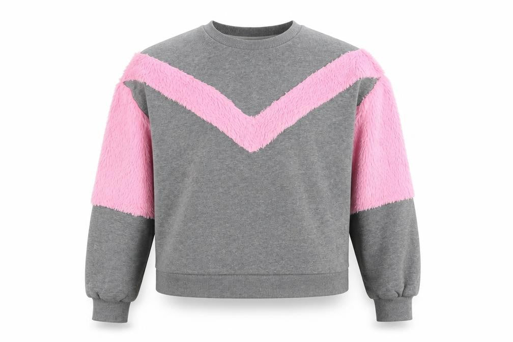 Front view of River Island girls’ grey pullover sweatshirt, size 11-12, years - fluffy detail