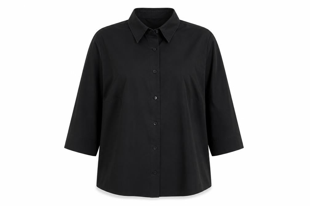 Front view of AMARANTO women’s black basic button-up, size UK 16