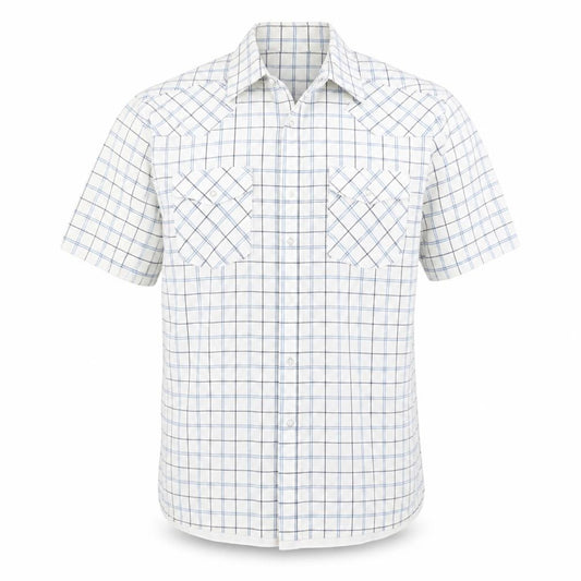 Front view of Vintage Refined men’s blue check button-up, size M
