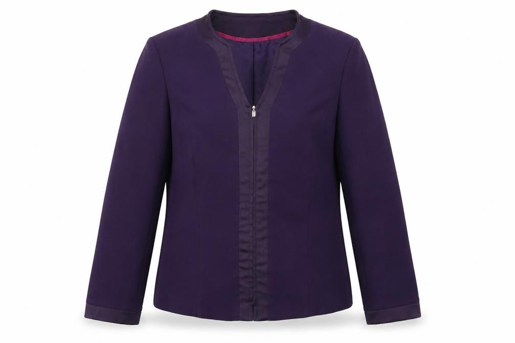 Front view of Bonmarché women’s purple jacket blazer, size UK 18