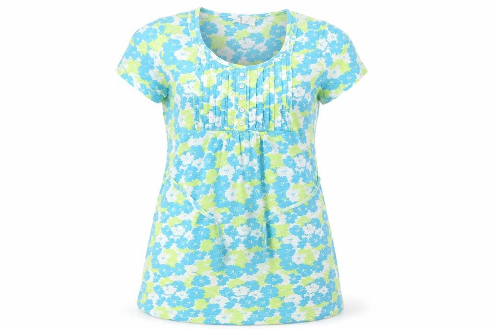 Front view of Authentic women’s blue floral basic t-shirt, size UK 14