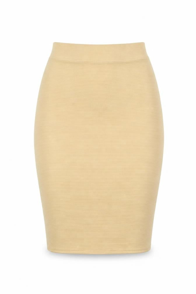 Front view of Missguided women’s beige flare skirt, size UK 10