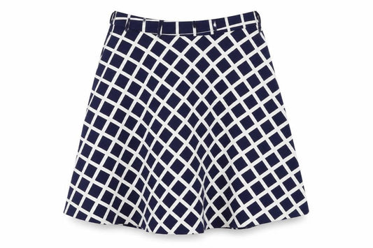 Front view of ch mu women’s blue geometric flare skirt, size UK 6