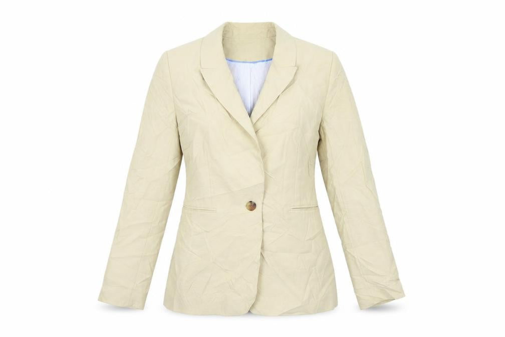 Front view of H&M women’s beige jacket suit, size UK 10