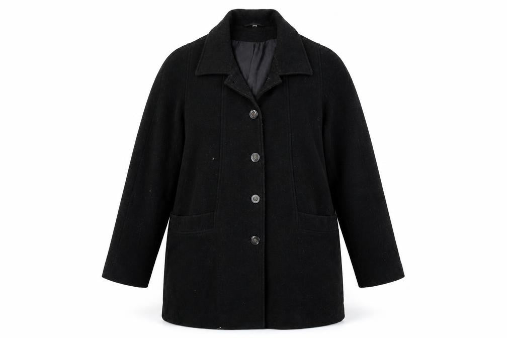 Front view of ELEGANCE women’s black jacket coat, size UK 14
