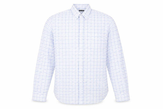 Front view of Linea men’s blue check button-up, size 16