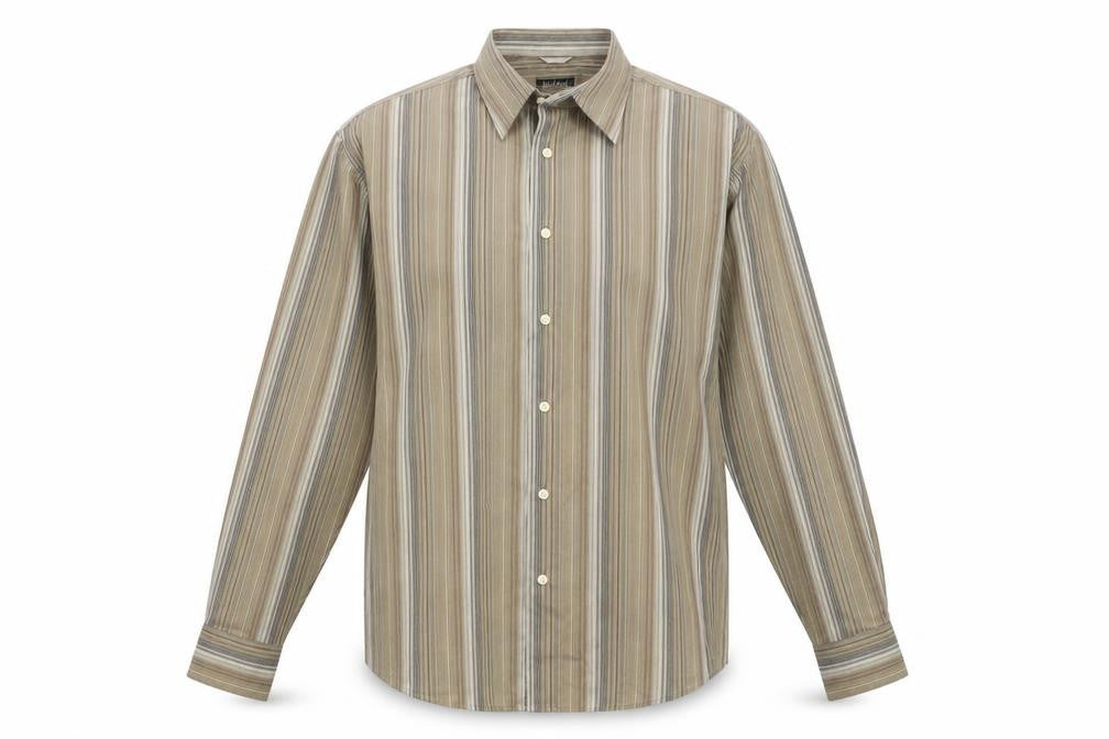 Front view of Lakeland men’s brown striped button-up, size L