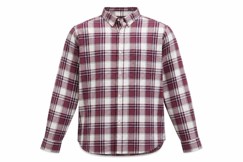 Front view of Old Navy men’s red plaid button-up, size S