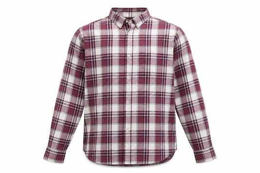 Front view of Old Navy men’s red plaid button-up, size S