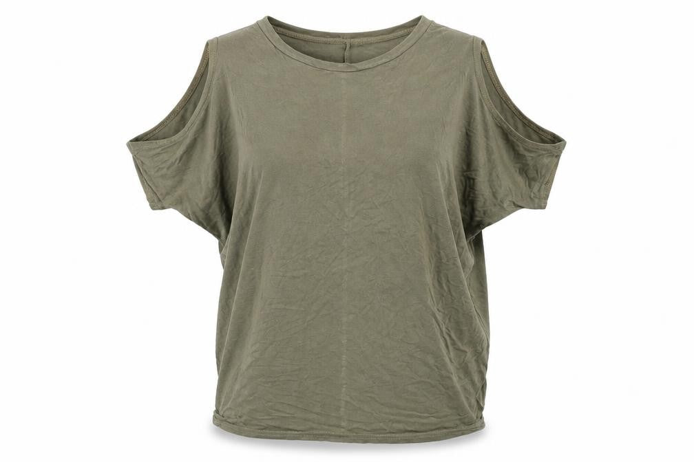 Front view of Select women’s green basic t-shirt, size UK 10, - cold shoulder