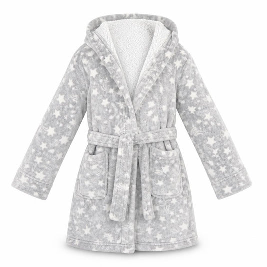 Front view of Tu girls’ grey spotted cami robe, size 5, years - star pattern
