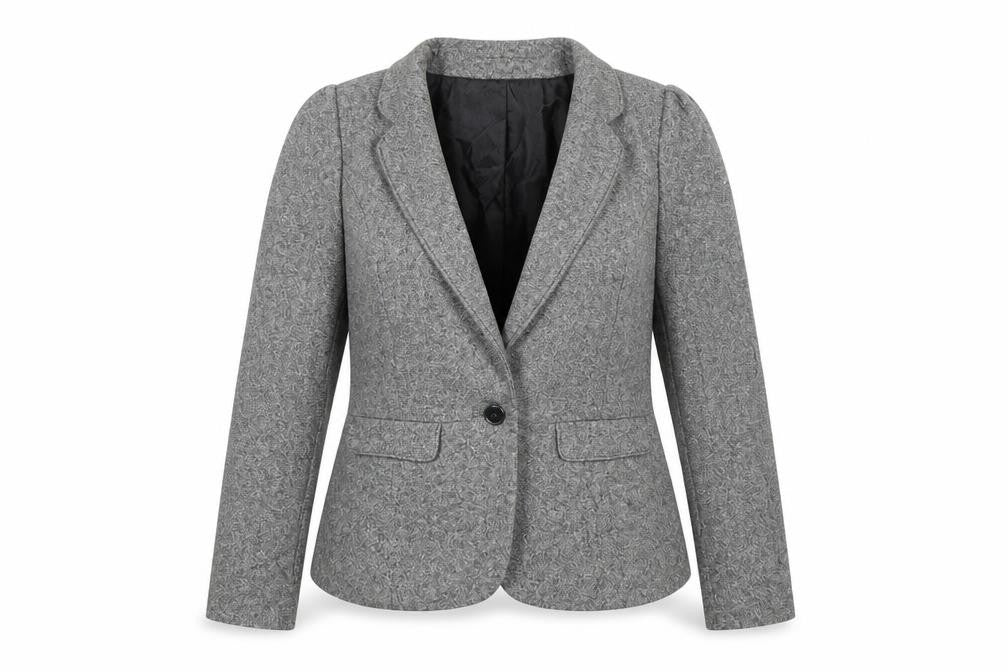 Front view of Monsoon women’s grey jacket blazer, size UK 16, - shoulder pads
