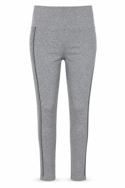 Front view of Pure Simple women’s grey geometric compression leggings, size S, 26-inch leg