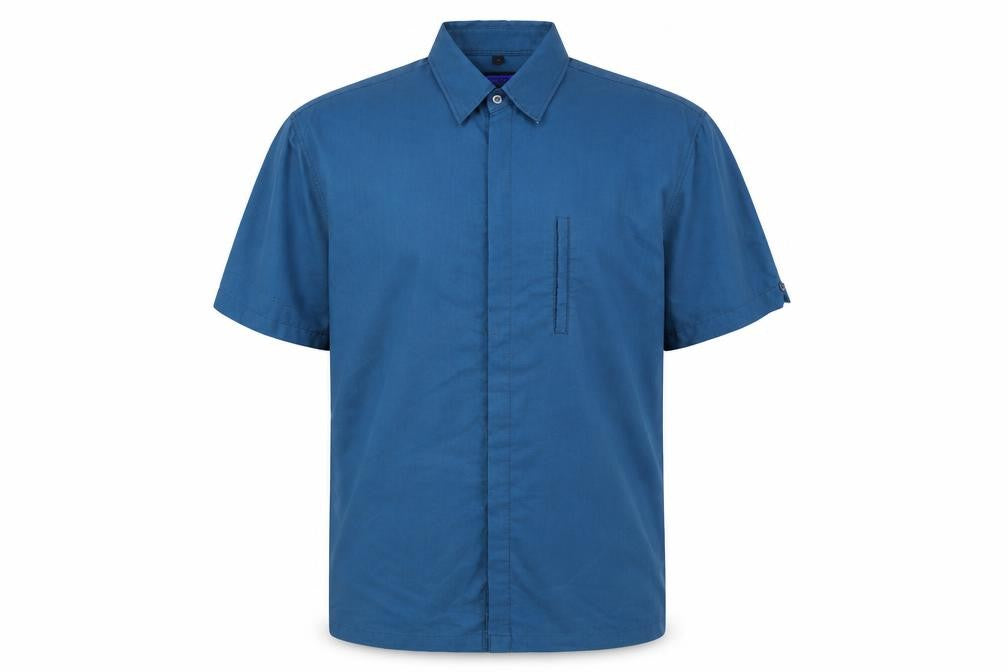Front view of Copperstone men’s blue button-up, size M