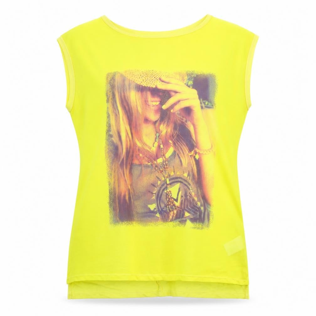 Front view of Brave Soul women’s yellow basic t-shirt, size L