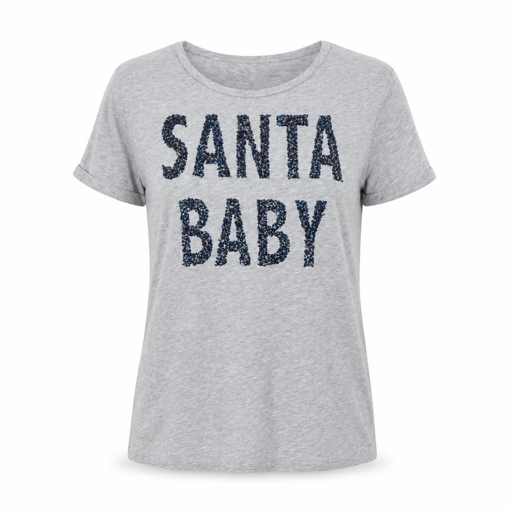 Front view of Papaya women’s grey basic t-shirt, size UK 14, - santa baby