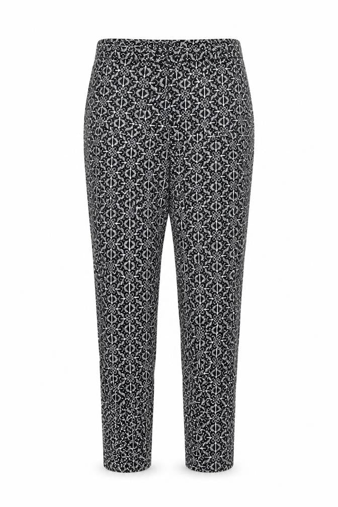 Front view of Atmosphere women’s black geometric trousers, size UK 12, 28-inch leg