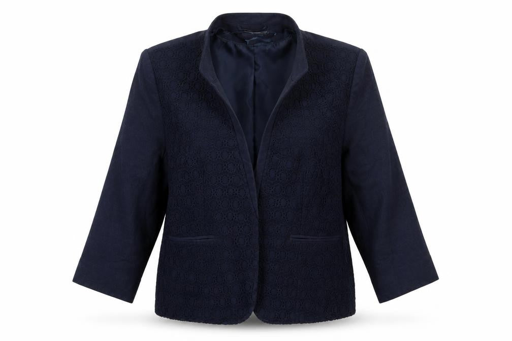 Front view of Bonmarché women’s blue jacket, size UK 14