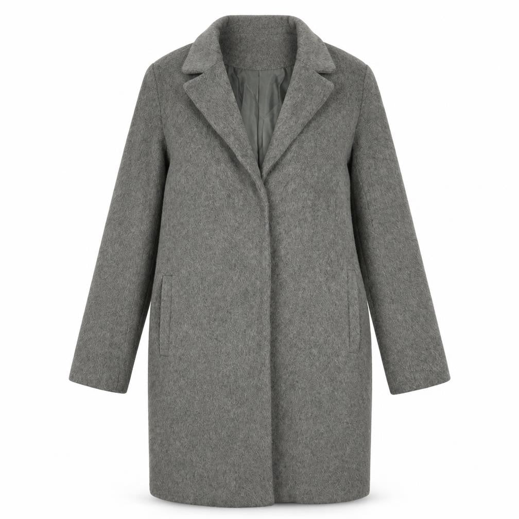 Front view of Atmosphere women’s grey overcoat jacket, size UK 6