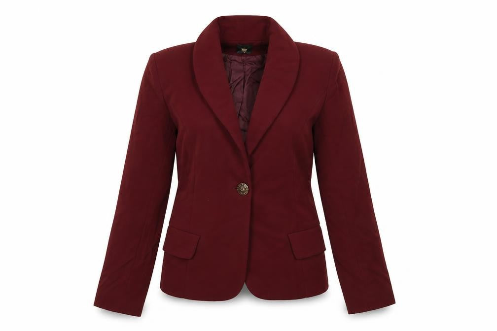 Front view of Preworn women’s red velour jacket, size M