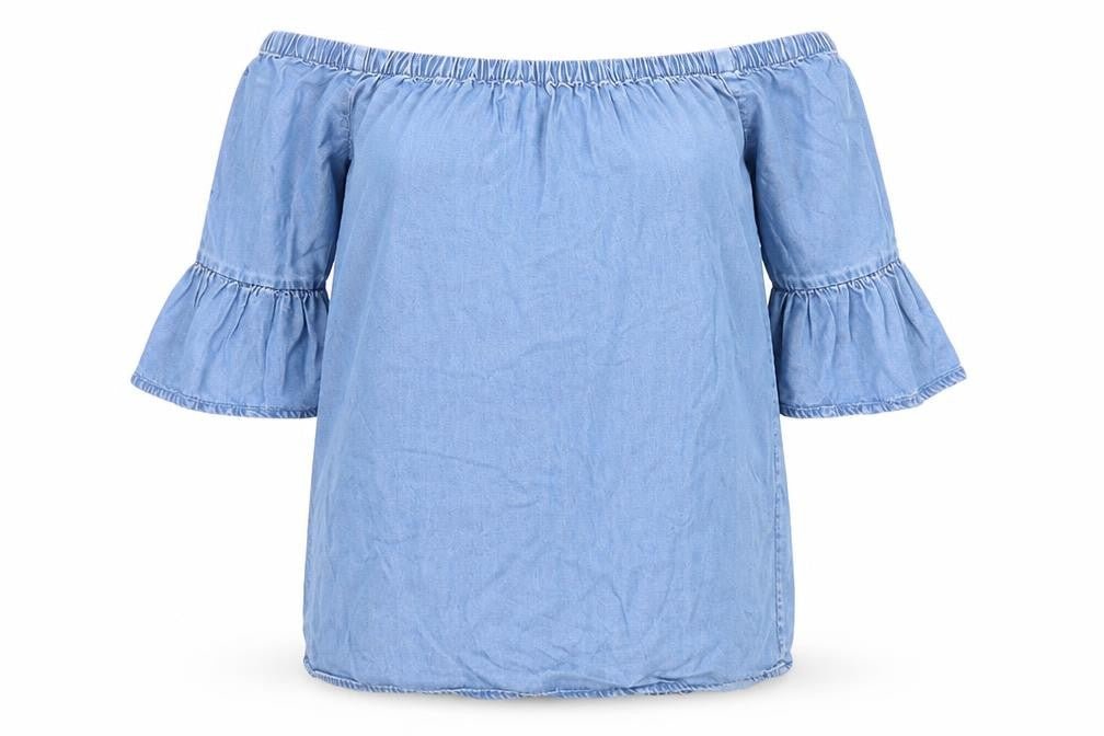 Front view of New Look women’s blue tunic blouse, size UK 8