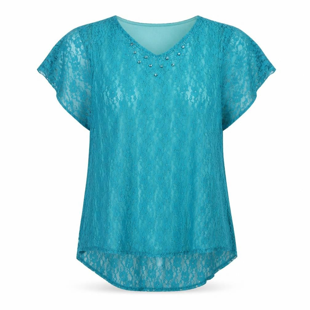 Front view of CCF women’s blue floral basic blouse, size XL