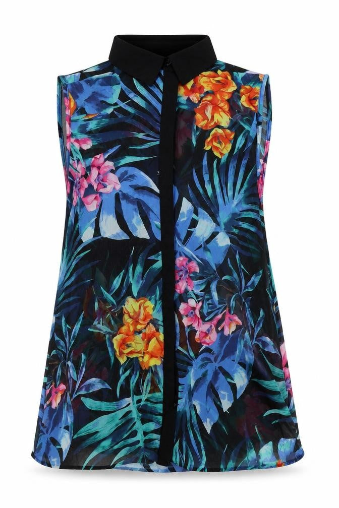 Front view of New Look women’s blue floral basic button-up, size UK 8